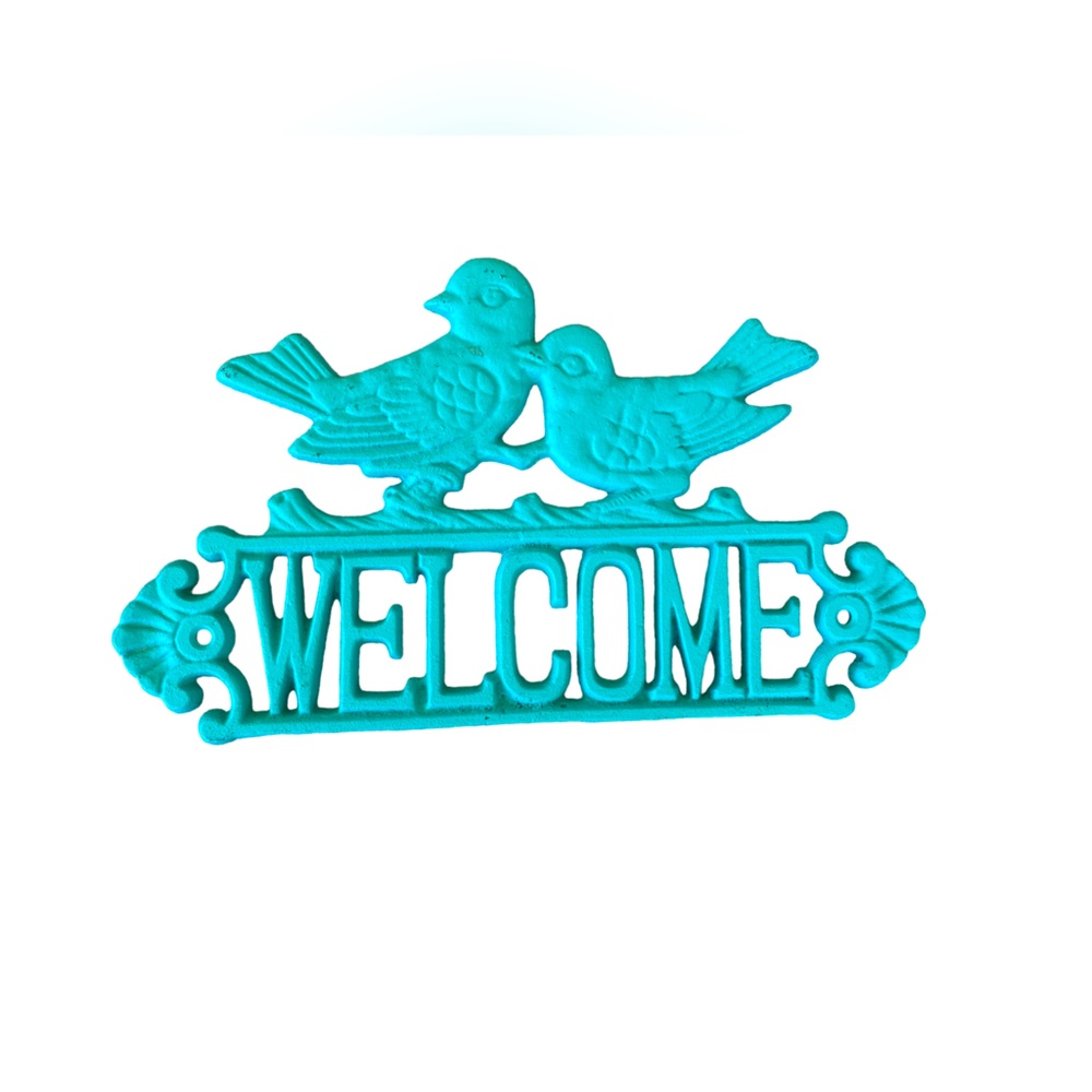 Welcome sign turquoise blue bluebirds iron